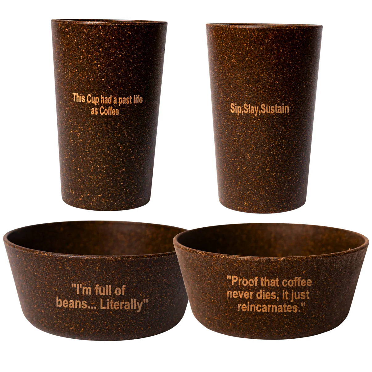 1 Dinner Bowl 160ML + 1 Water Glass/ Cup 250ML | Made from Coffee Residue [Husk, Unused Coffee Grounds/ Bean] | Available in Pack of 2 or Pack of 4
