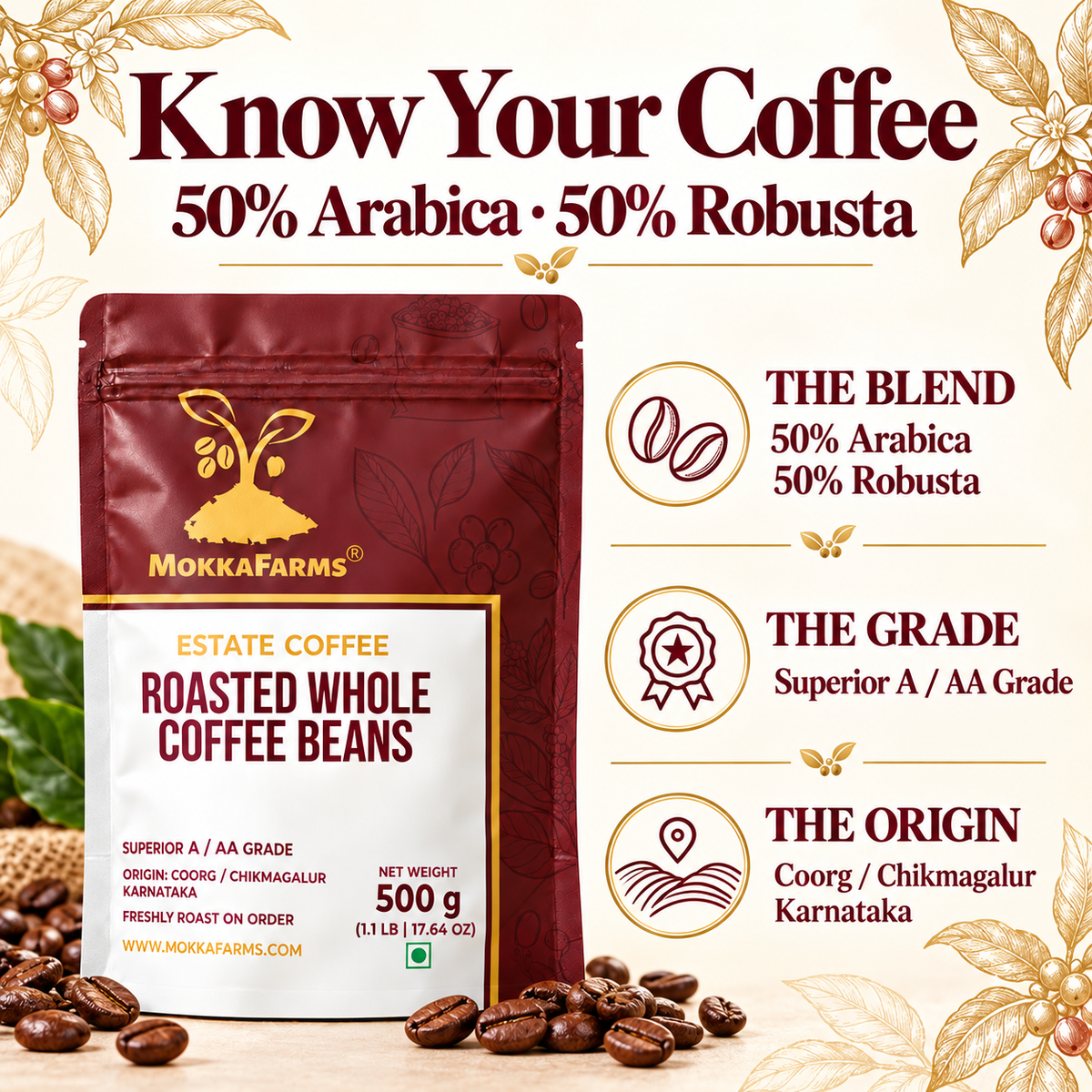 50% Arabica, 50% Robusta | Freshly Roast, A/ AA Whole Coffee Beans