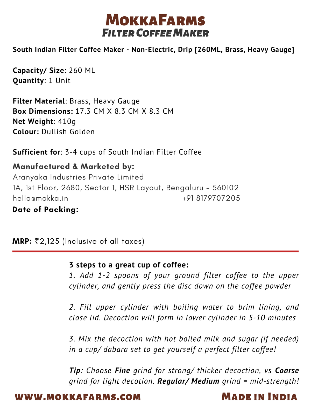 260ML [3-4 Cups of Filter Coffee] Traditional South Indian Filter Coffee Decoction Maker | Brass, Heavy-Gauge |