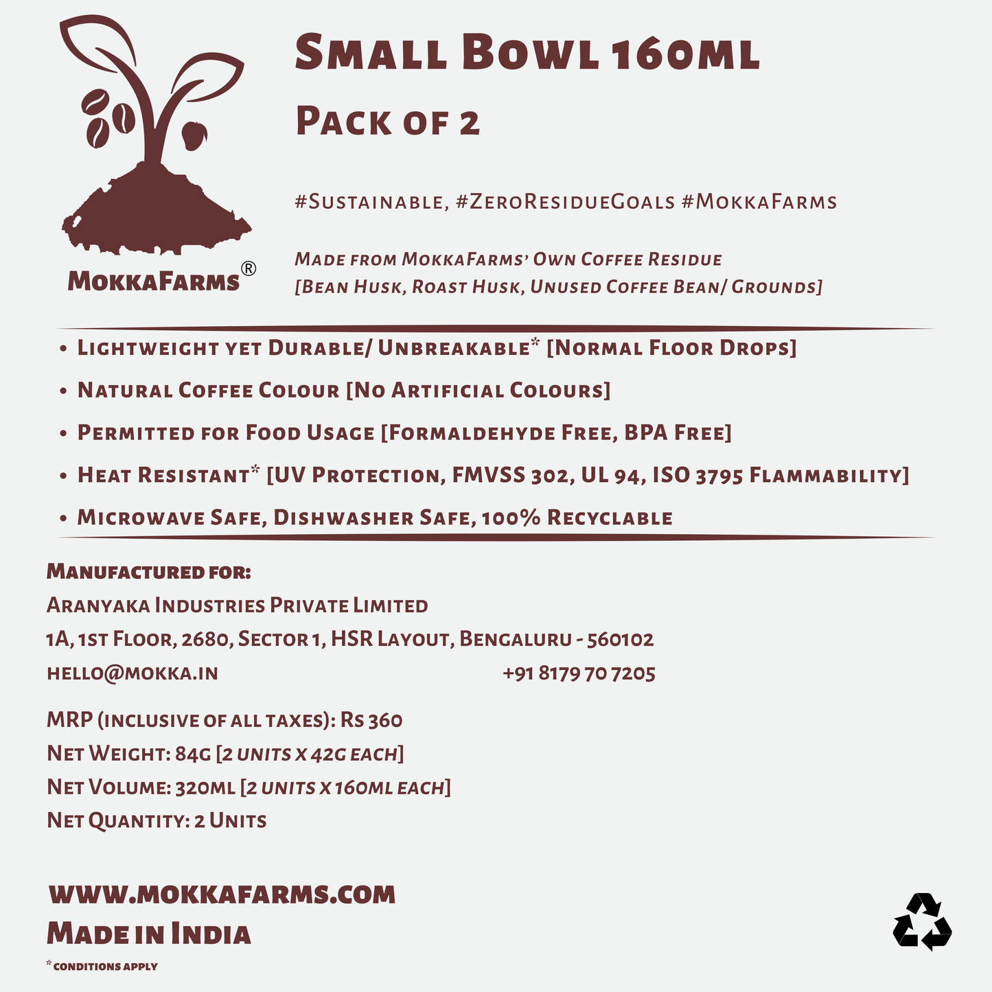 Coffee Bowl 160 ML | Made from Coffee Residue [Husk, Unused Coffee Grounds/ Bean] | Available in Pack of 2 or Pack of 4