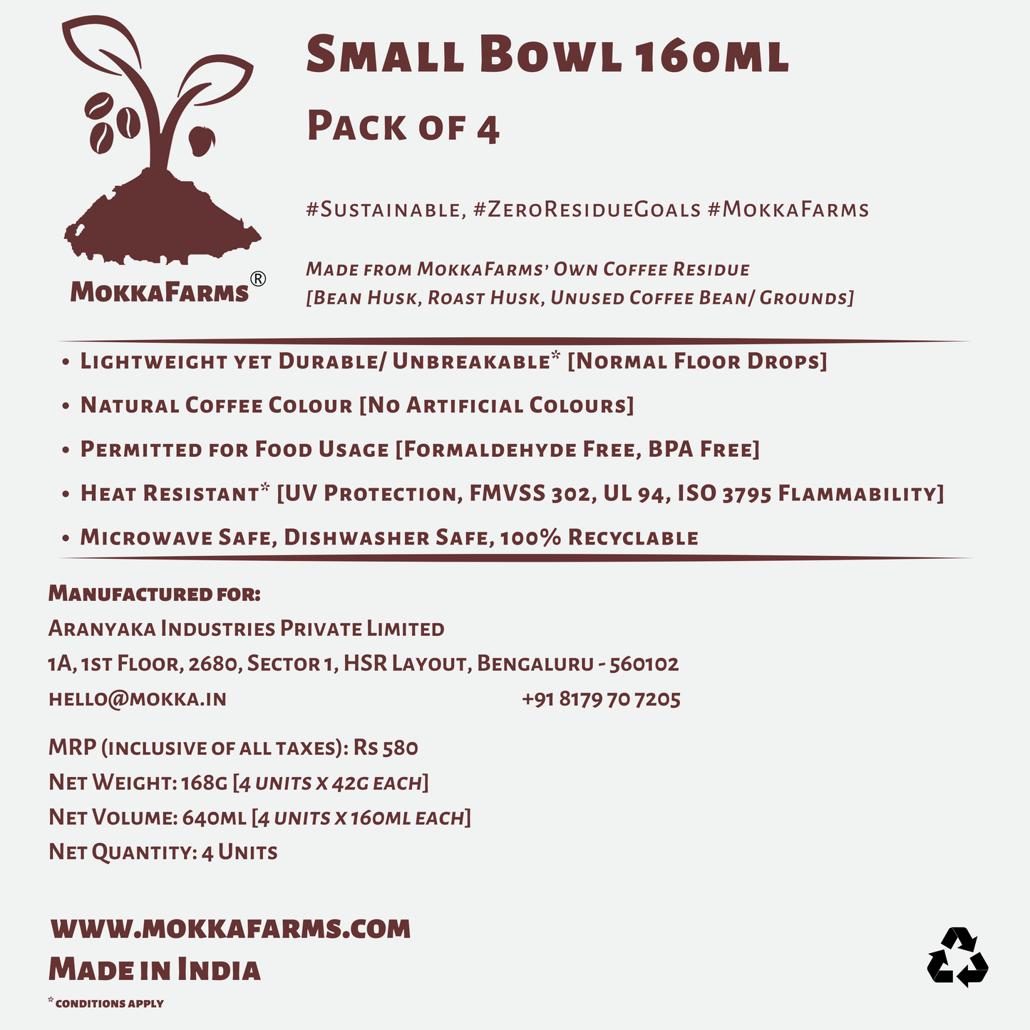 Coffee Bowl 160 ML | Made from Coffee Residue [Husk, Unused Coffee Grounds/ Bean] | Available in Pack of 2 or Pack of 4