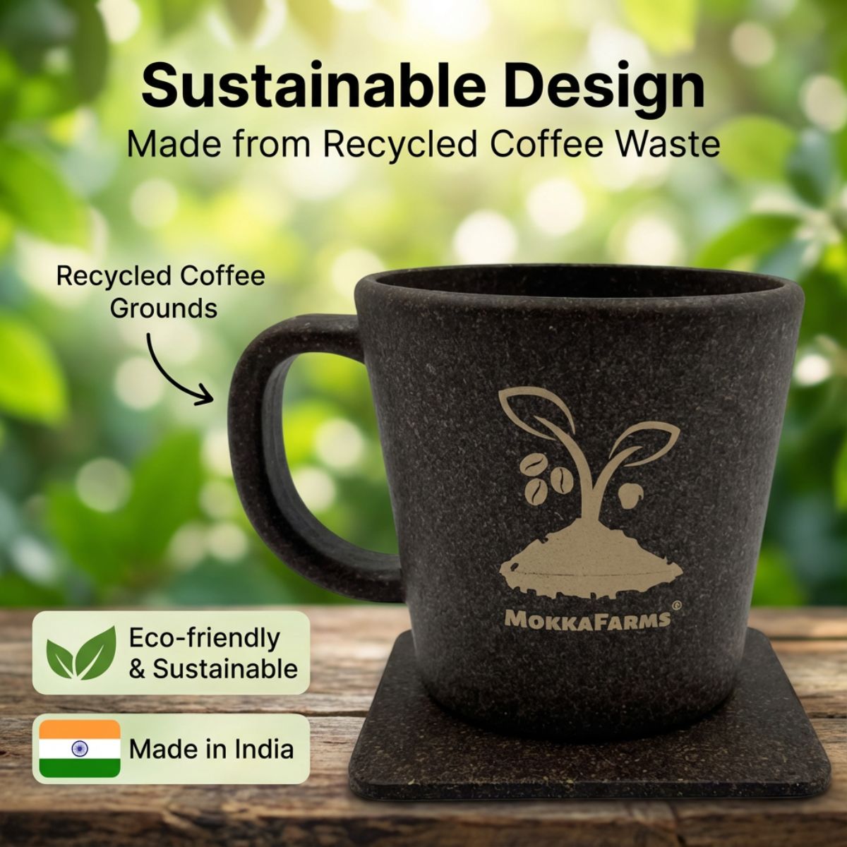 1 Coffee Mug 300 ML + 1 Coaster | Made from Coffee Residue [Husk, Unused Coffee Grounds/ Bean] | Available in Pack of 1