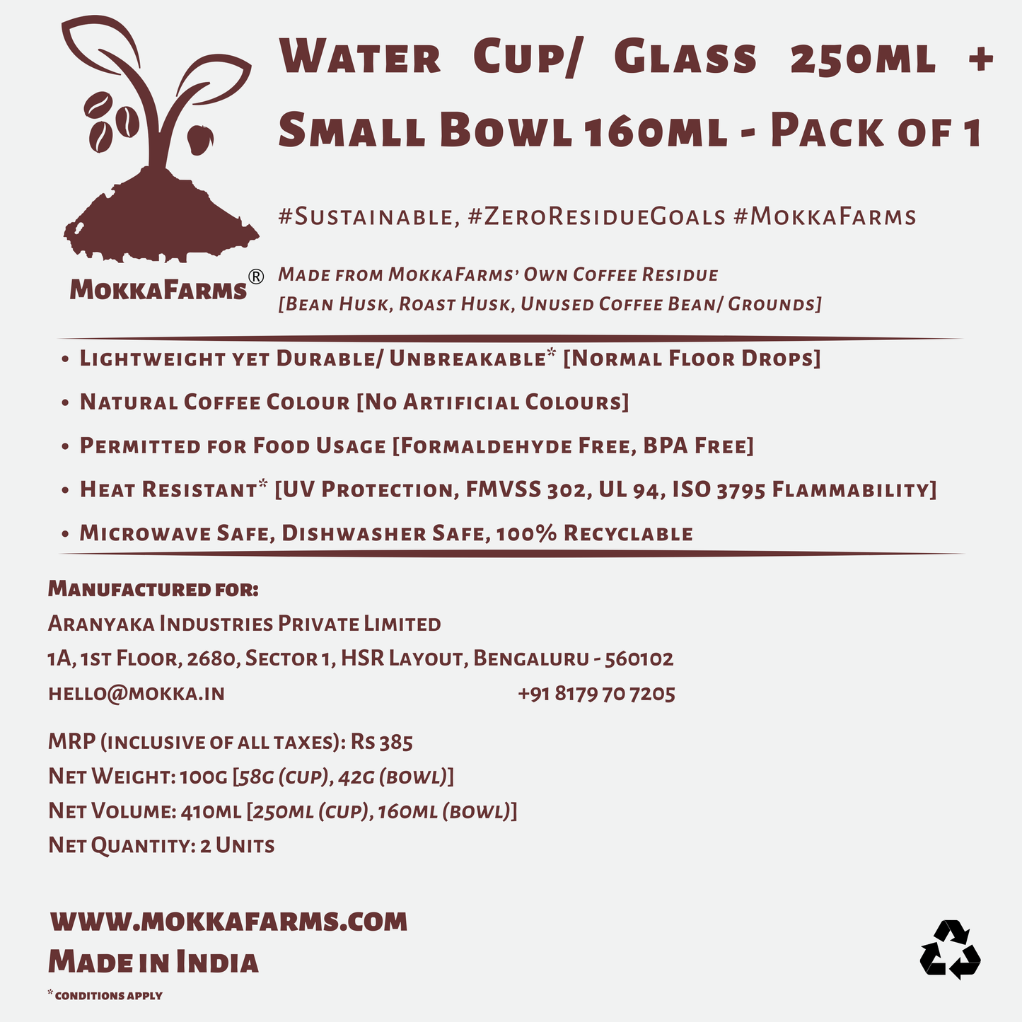 1 Dinner Bowl 160ML + 1 Water Glass/ Cup 250ML | Made from Coffee Residue [Husk, Unused Coffee Grounds/ Bean] | Available in Pack of 2 or Pack of 4