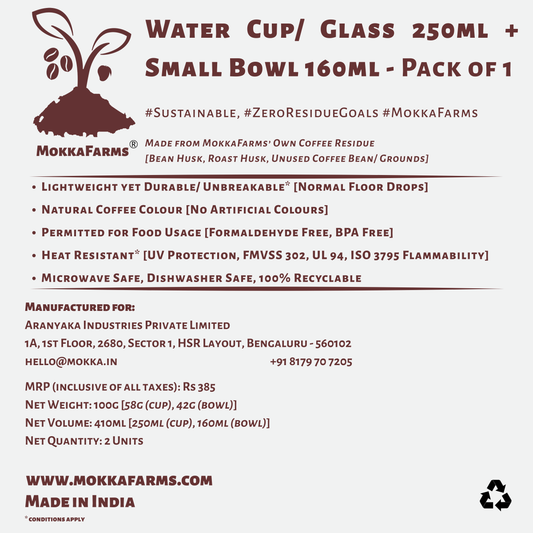 1 Dinner Bowl 160ML + 1 Water Glass/ Cup 250ML | Made from Coffee Residue [Husk, Unused Coffee Grounds/ Bean] | Available in Pack of 2 or Pack of 4