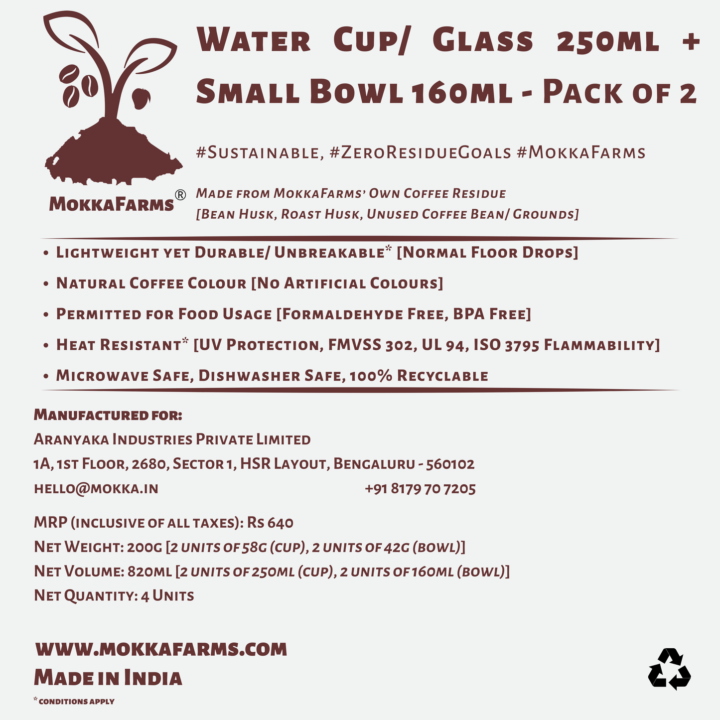 1 Dinner Bowl 160ML + 1 Water Glass/ Cup 250ML | Made from Coffee Residue [Husk, Unused Coffee Grounds/ Bean] | Available in Pack of 2 or Pack of 4