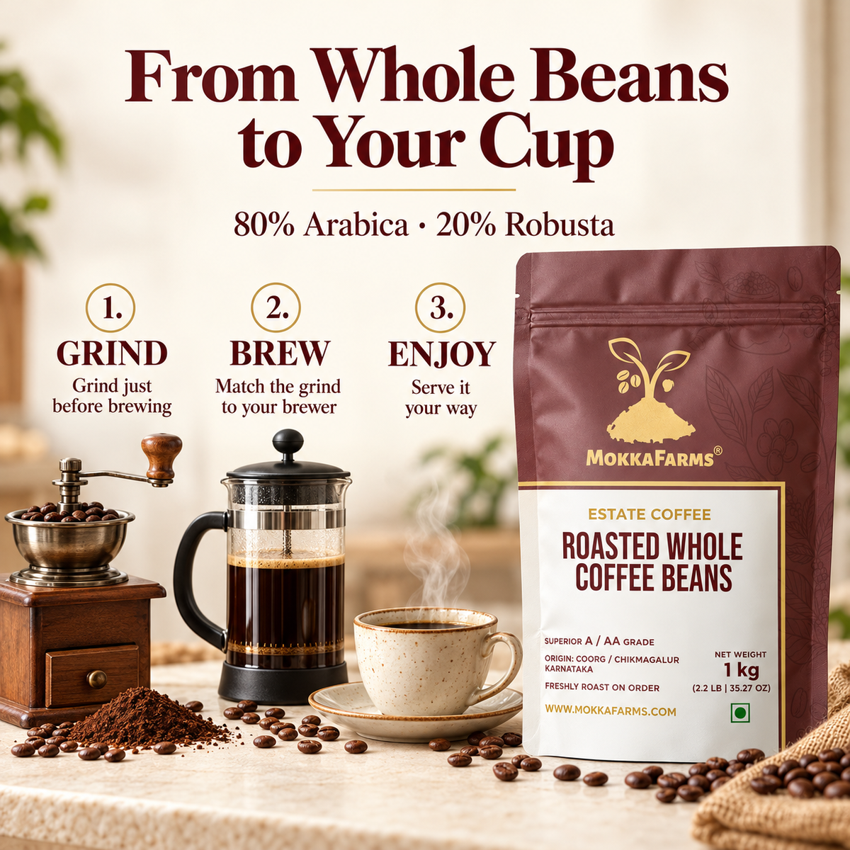 80% Arabica, 20% Robusta | Freshly Roast, A/ AA Whole Coffee Beans