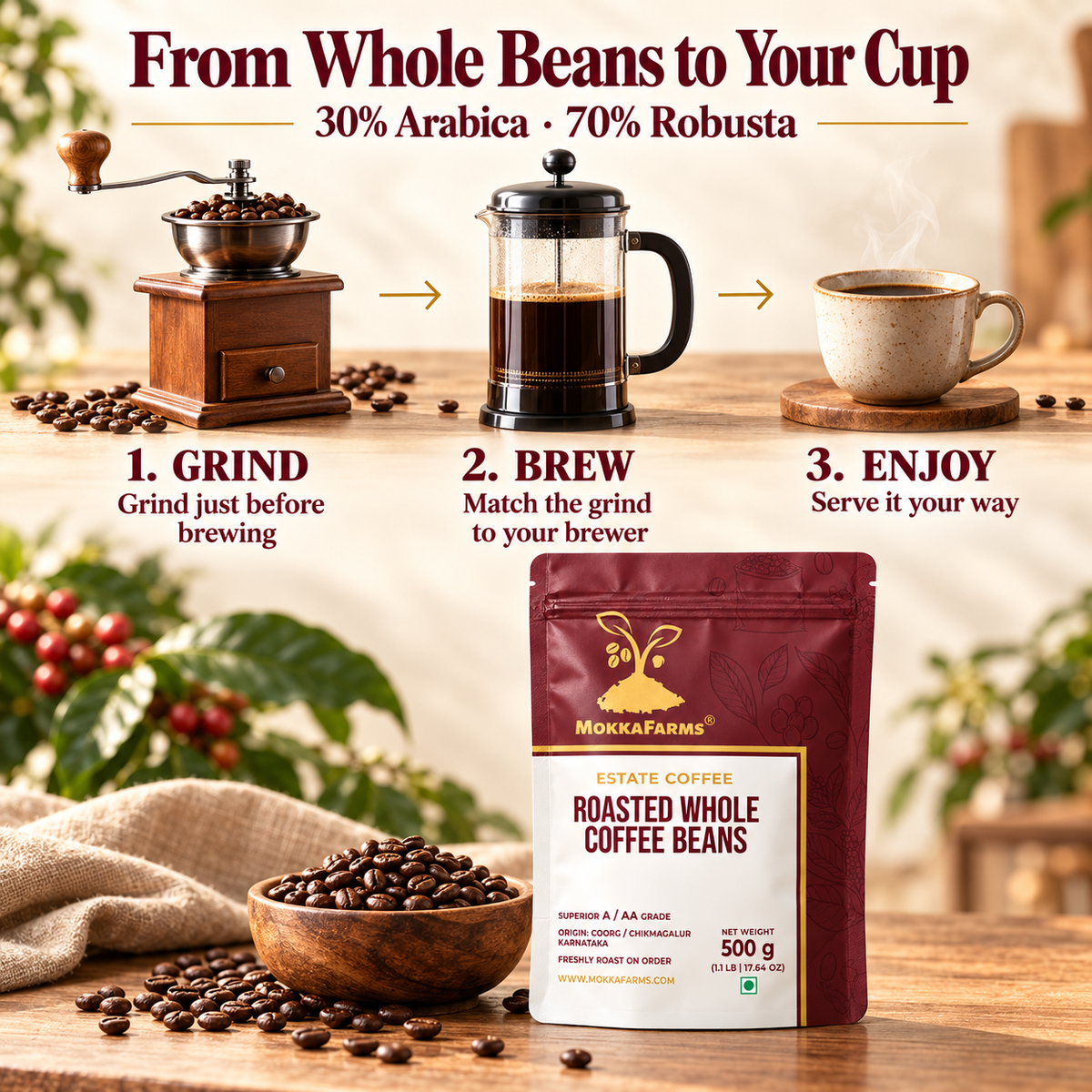 30% Arabica, 70% Robusta | Freshly Roast, A/ AA Whole Coffee Beans