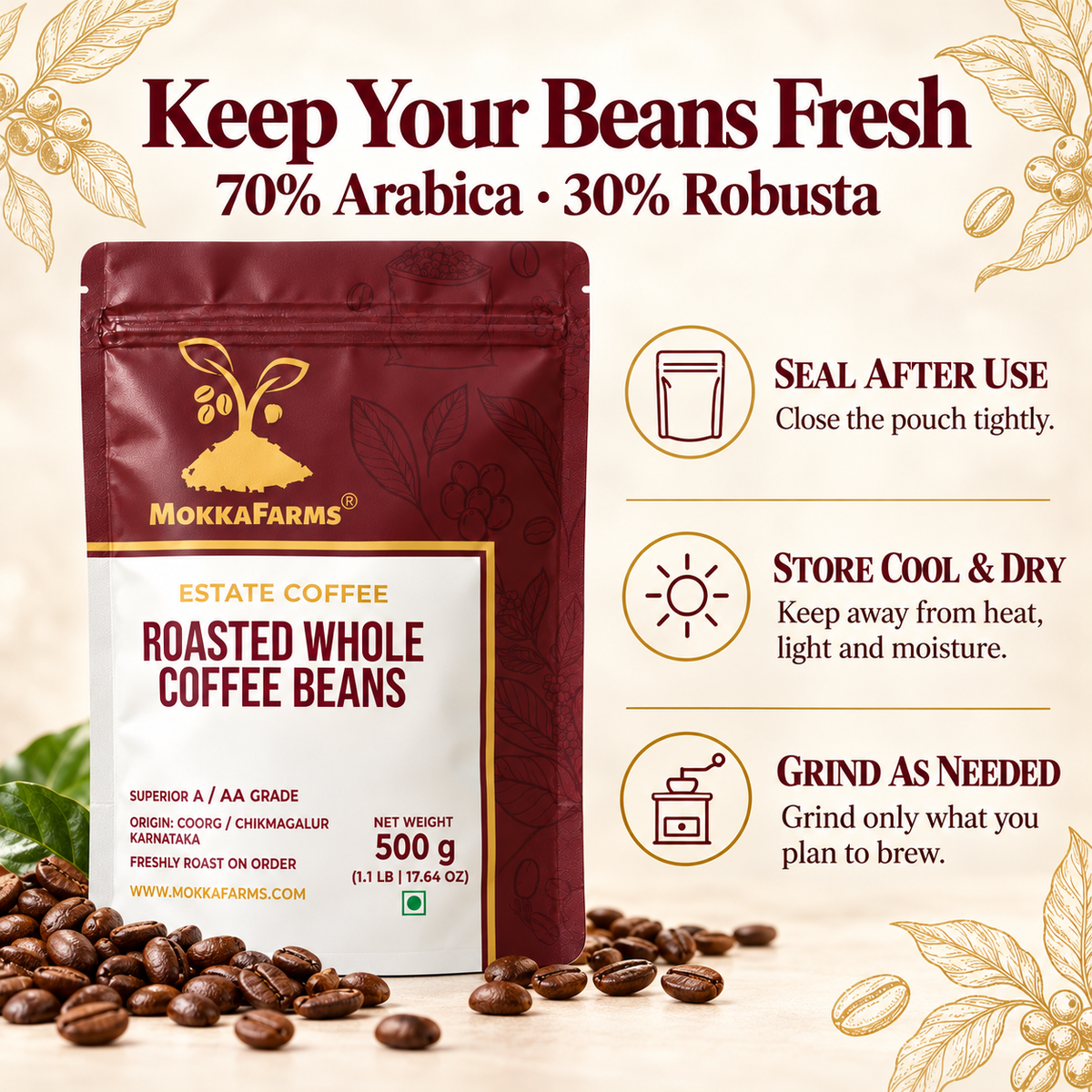 70% Arabica, 30% Robusta | Freshly Roast, A/ AA Whole Coffee Beans
