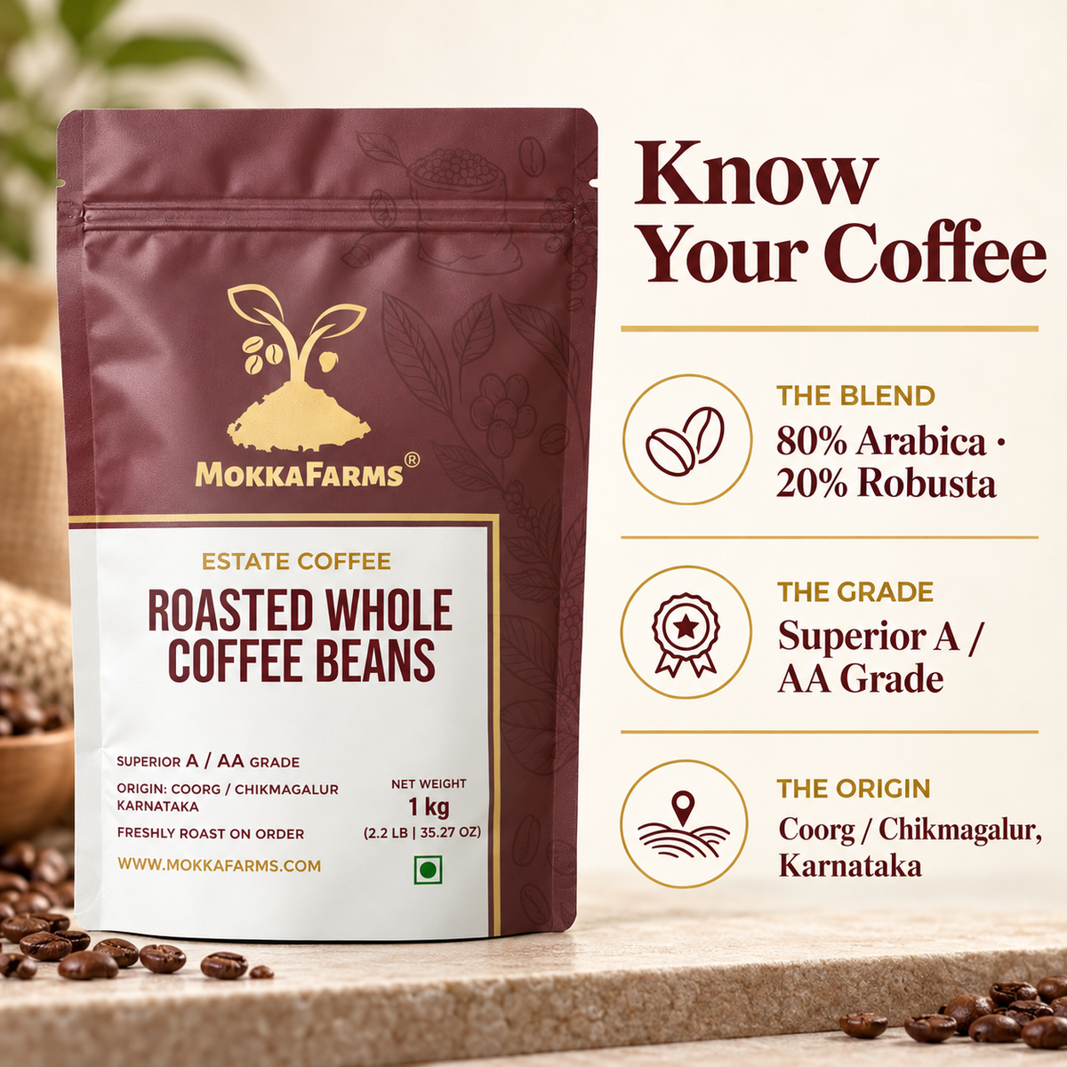 80% Arabica, 20% Robusta | Freshly Roast, A/ AA Whole Coffee Beans