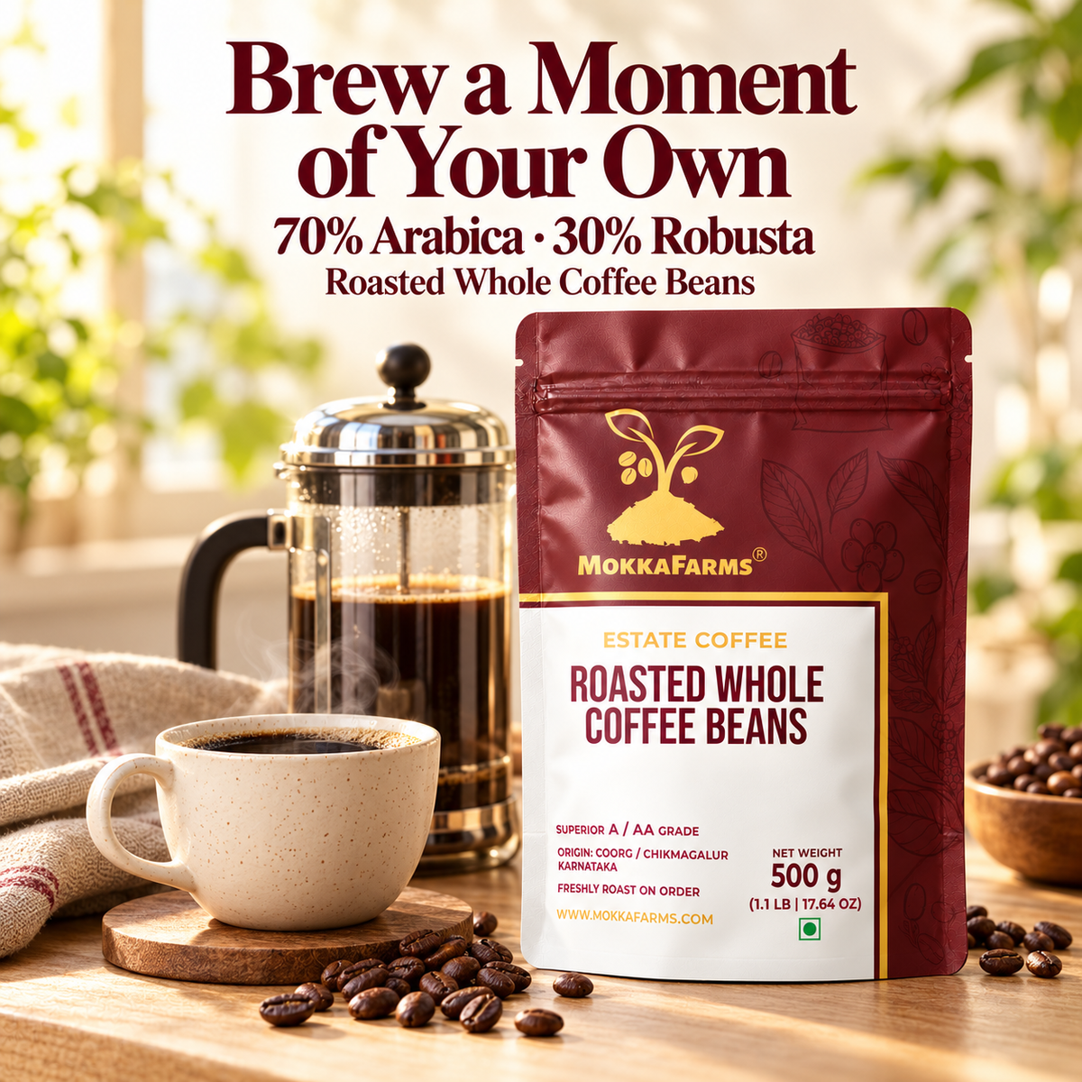 70% Arabica, 30% Robusta | Freshly Roast, A/ AA Whole Coffee Beans