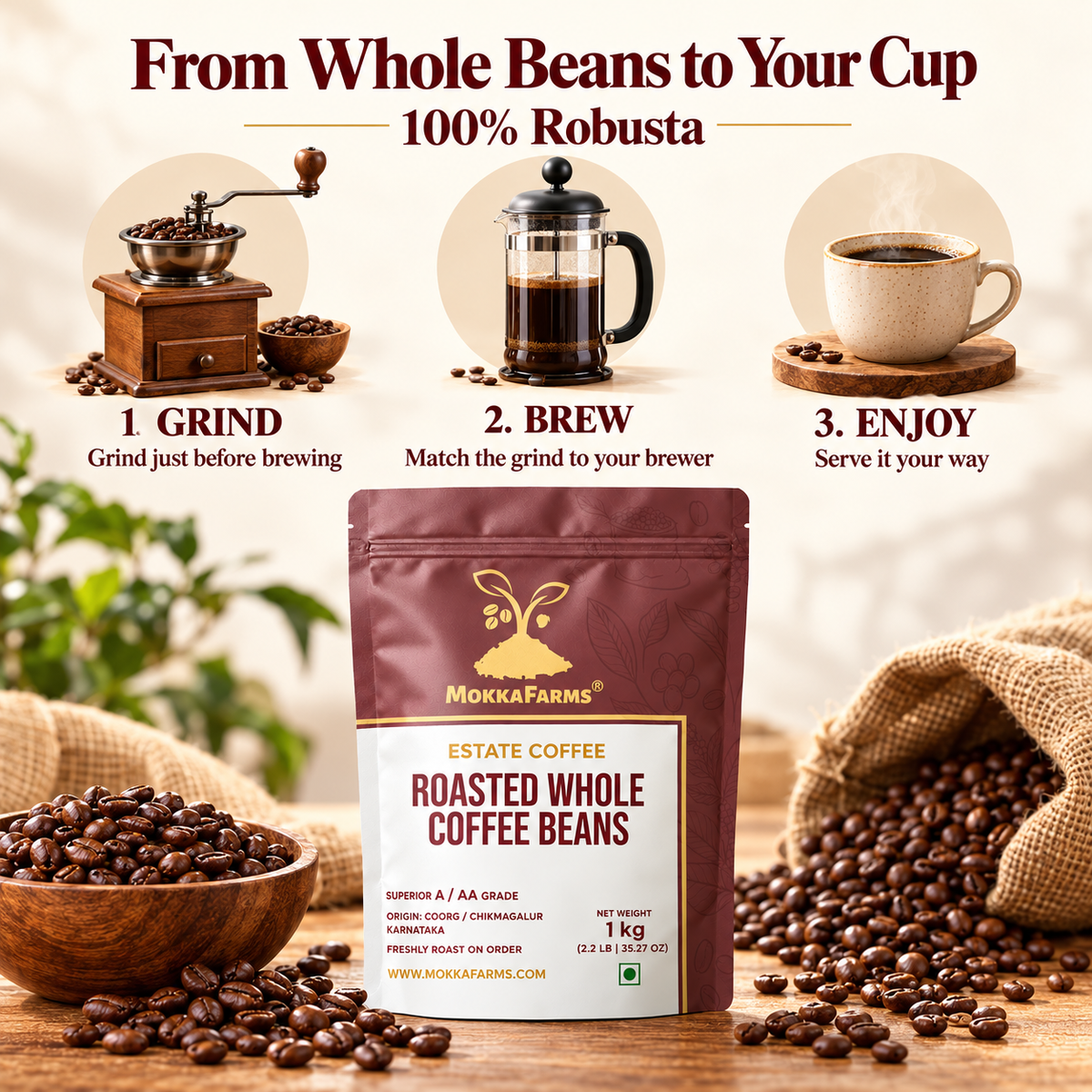 100% Robusta | Freshly Roast, A/ AA Whole Coffee Beans