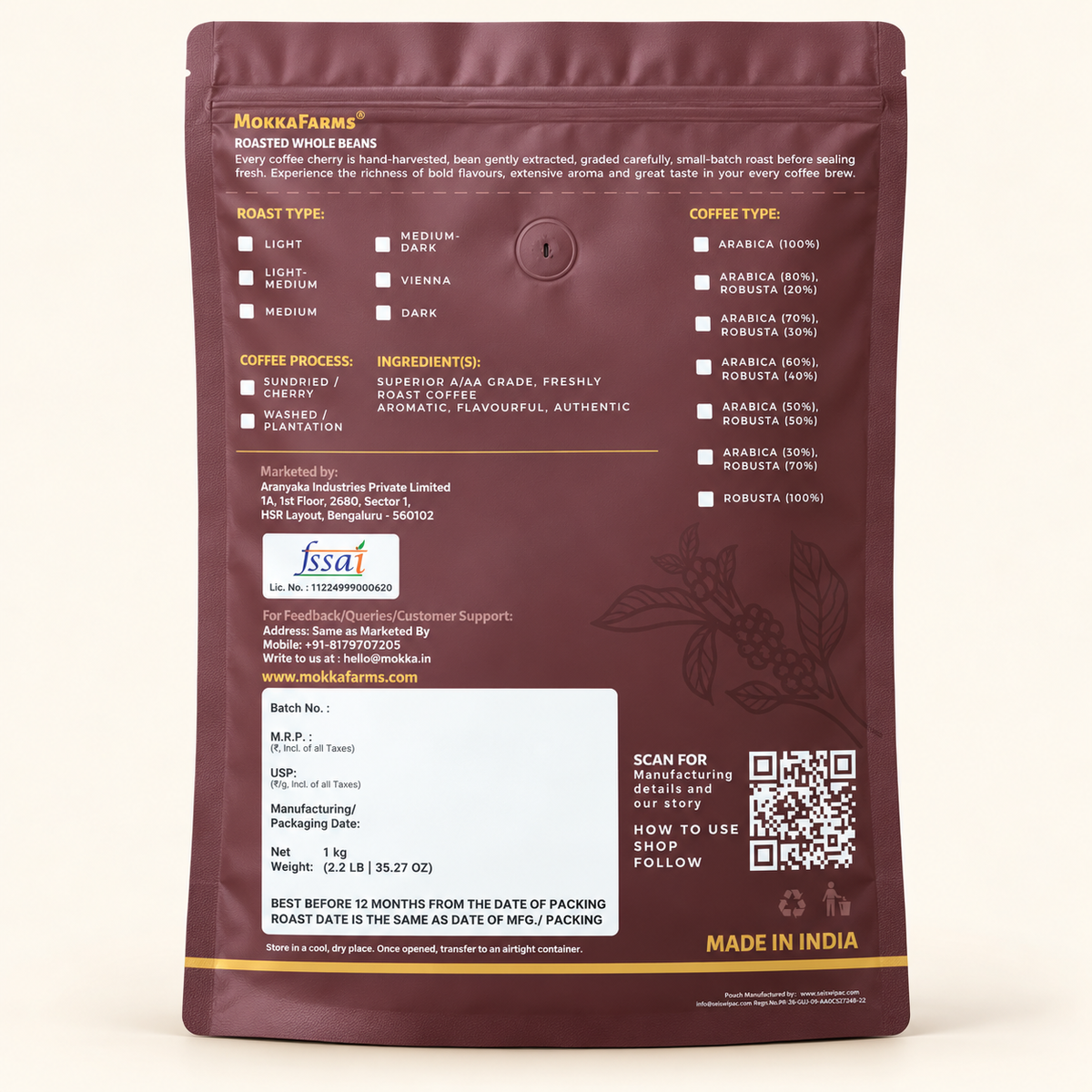 70% Arabica, 30% Robusta | Freshly Roast, A/ AA Whole Coffee Beans
