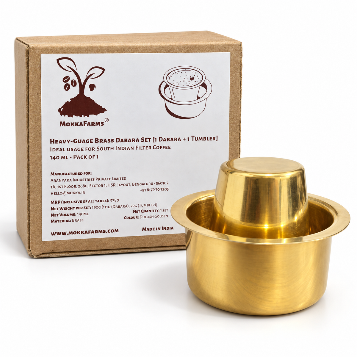 140 ml Traditional South Indian Filter Coffee  Brass Dabara & Tumbler Set | Heavy-Gauge Brass