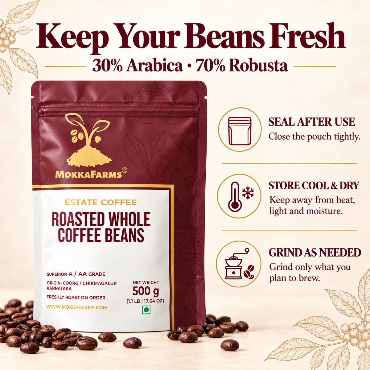 30% Arabica, 70% Robusta | Freshly Roast, A/ AA Whole Coffee Beans