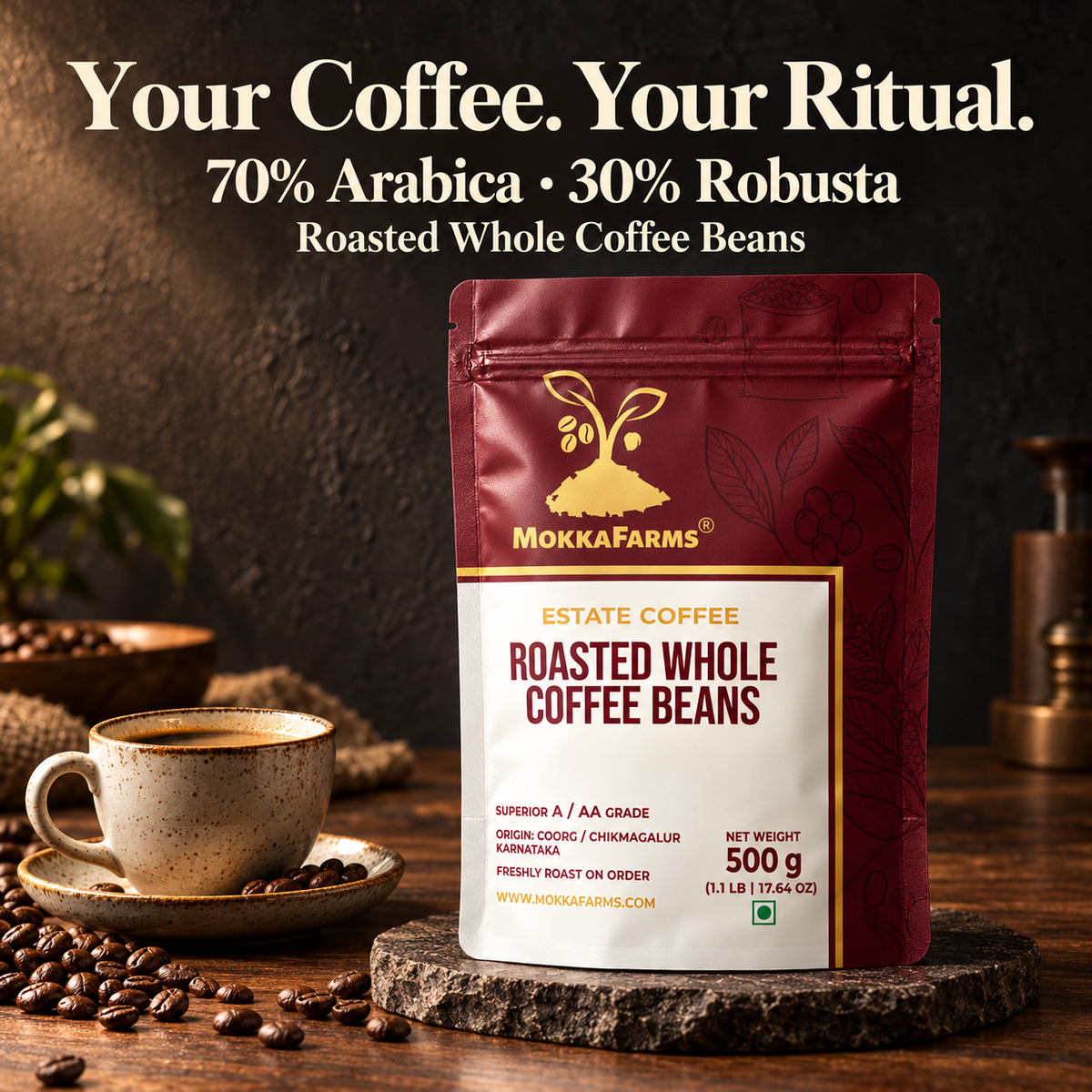 70% Arabica, 30% Robusta | Freshly Roast, A/ AA Whole Coffee Beans
