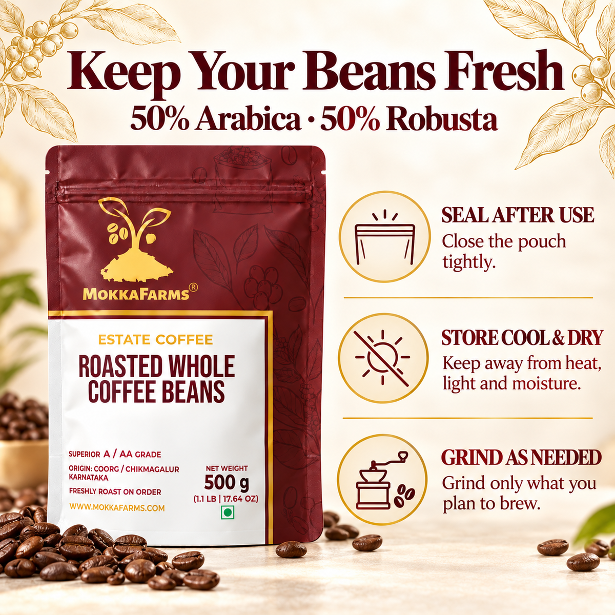 50% Arabica, 50% Robusta | Freshly Roast, A/ AA Whole Coffee Beans