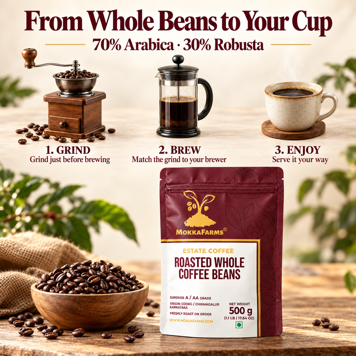 70% Arabica, 30% Robusta | Freshly Roast, A/ AA Whole Coffee Beans