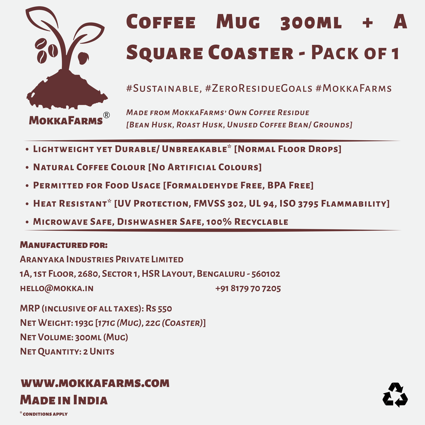 1 Coffee Mug 300 ML + 1 Coaster | Made from Coffee Residue [Husk, Unused Coffee Grounds/ Bean] | Available in Pack of 1