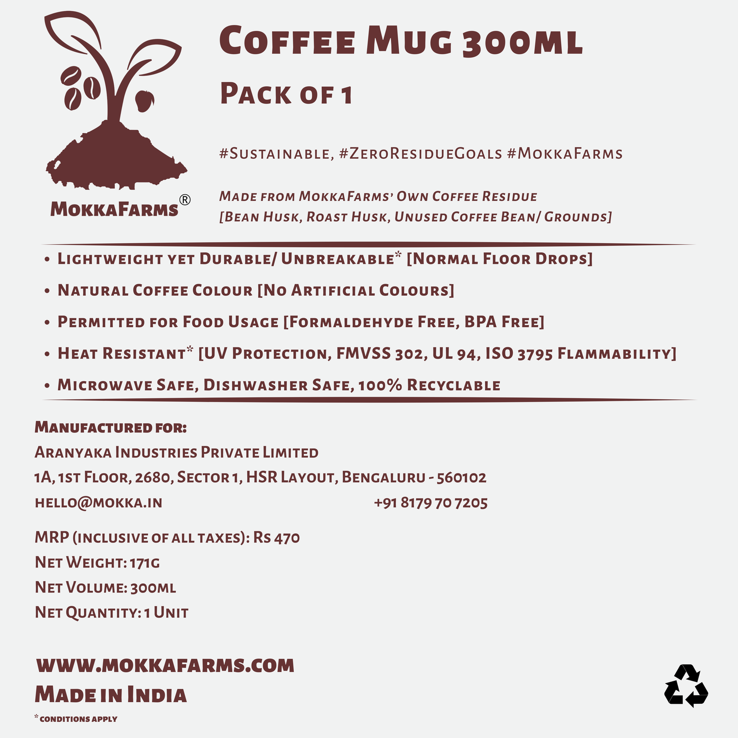 Coffee Mug 300 ML | Made from Coffee Residue [Husk, Unused Coffee Grounds/ Bean] | Available in Pack of 1
