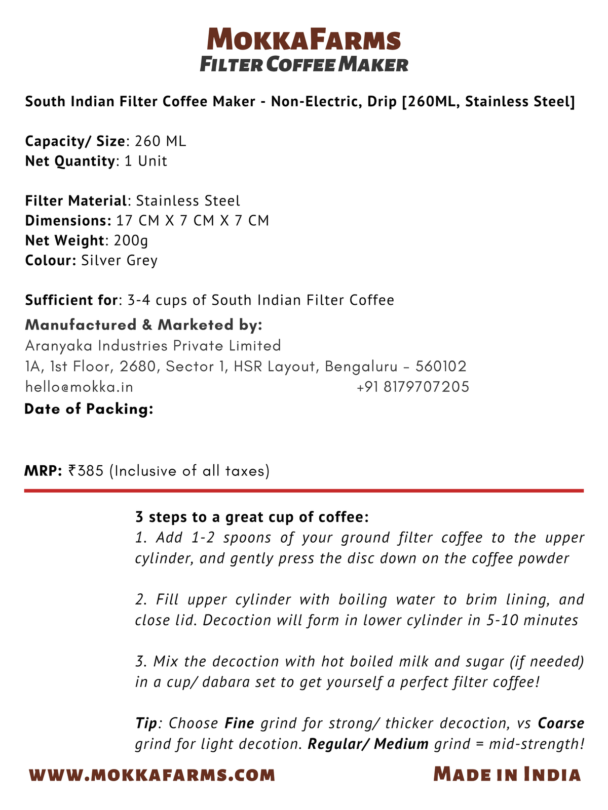 260ML [3-4 Cups of Filter Coffee] Traditional South Indian Filter Coffee Decoction Maker | Stainless Steel |