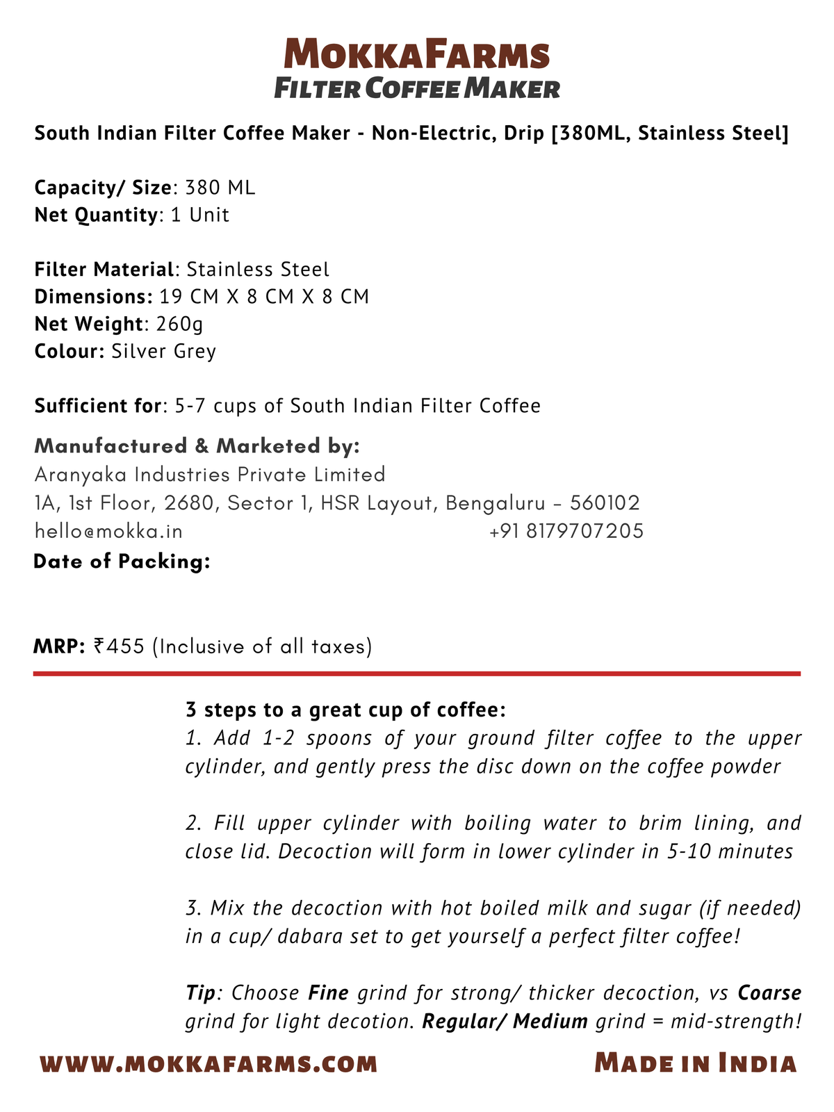 380ML [5-7 Cups of Filter Coffee] Traditional South Indian Filter Coffee Decoction Maker | Stainless Steel |