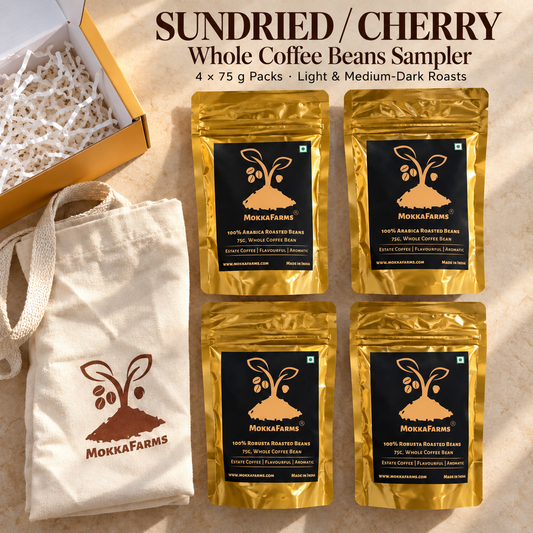 Sundried/ Cherry Roasted Whole Coffee Beans | 75g Packs x 4 Variants | Sampler Pack