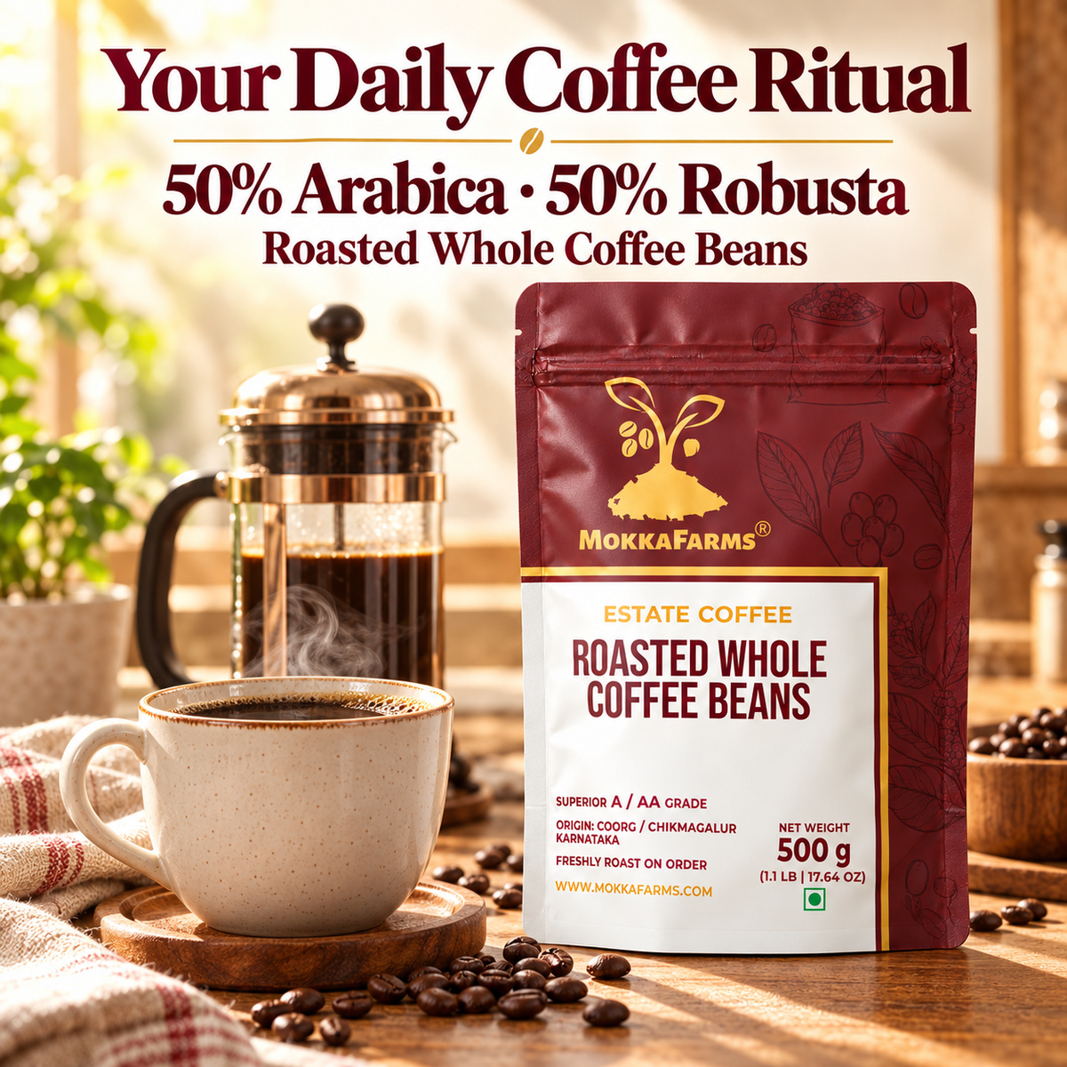50% Arabica, 50% Robusta | Freshly Roast, A/ AA Whole Coffee Beans