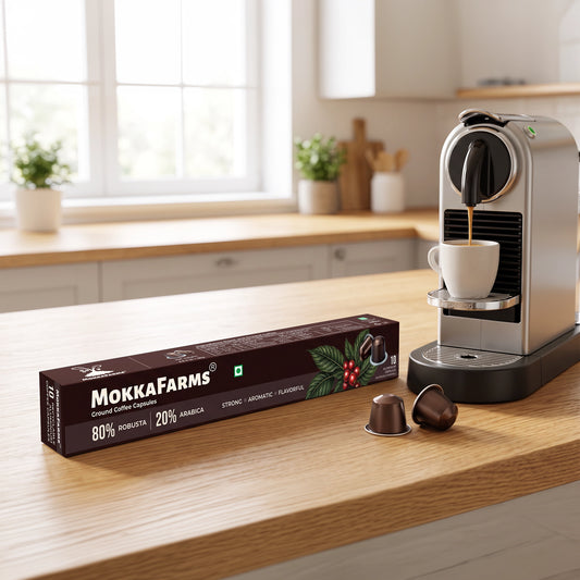 Coffee Pods Capsules - Nespresso Compatible - 80% Robusta, 20% Arabica - Plantation/ Washed Coffee, AA Grade, Pack of 10 and Pack of 40, Medium Dark Roast, Aluminium Recyclable