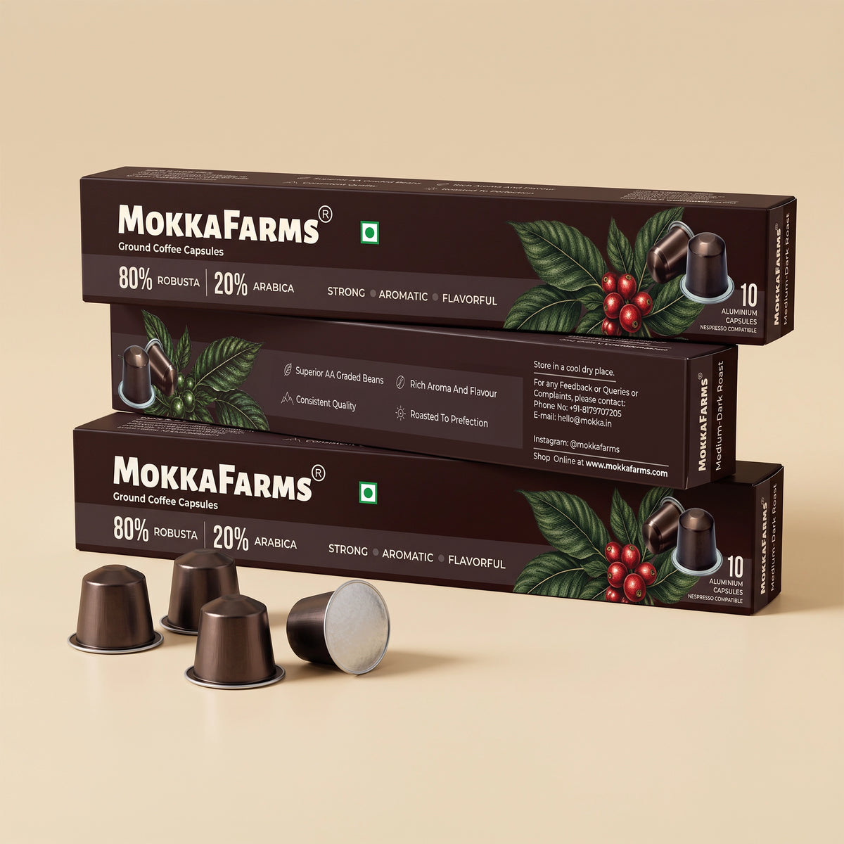 Coffee Pods Capsules - Nespresso Compatible - 80% Robusta, 20% Arabica - Plantation/ Washed Coffee, AA Grade, Pack of 10 and Pack of 40, Medium Dark Roast, Aluminium Recyclable