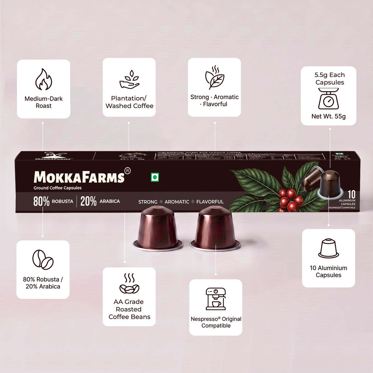 Coffee Pods Capsules - Nespresso Compatible - 80% Robusta, 20% Arabica - Plantation/ Washed Coffee, AA Grade, Pack of 10 and Pack of 40, Medium Dark Roast, Aluminium Recyclable