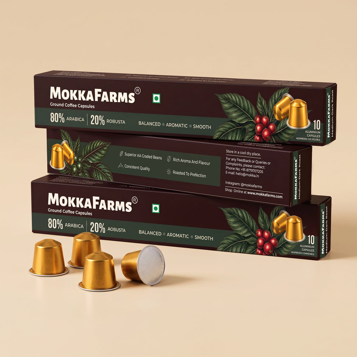 Coffee Pods Capsules - Nespresso Compatible - 80% Arabica, 20% Robusta - Plantation/ Washed Coffee, AA Grade, Pack of 10 and Pack of 40, Medium Dark Roast, Aluminium Recyclable