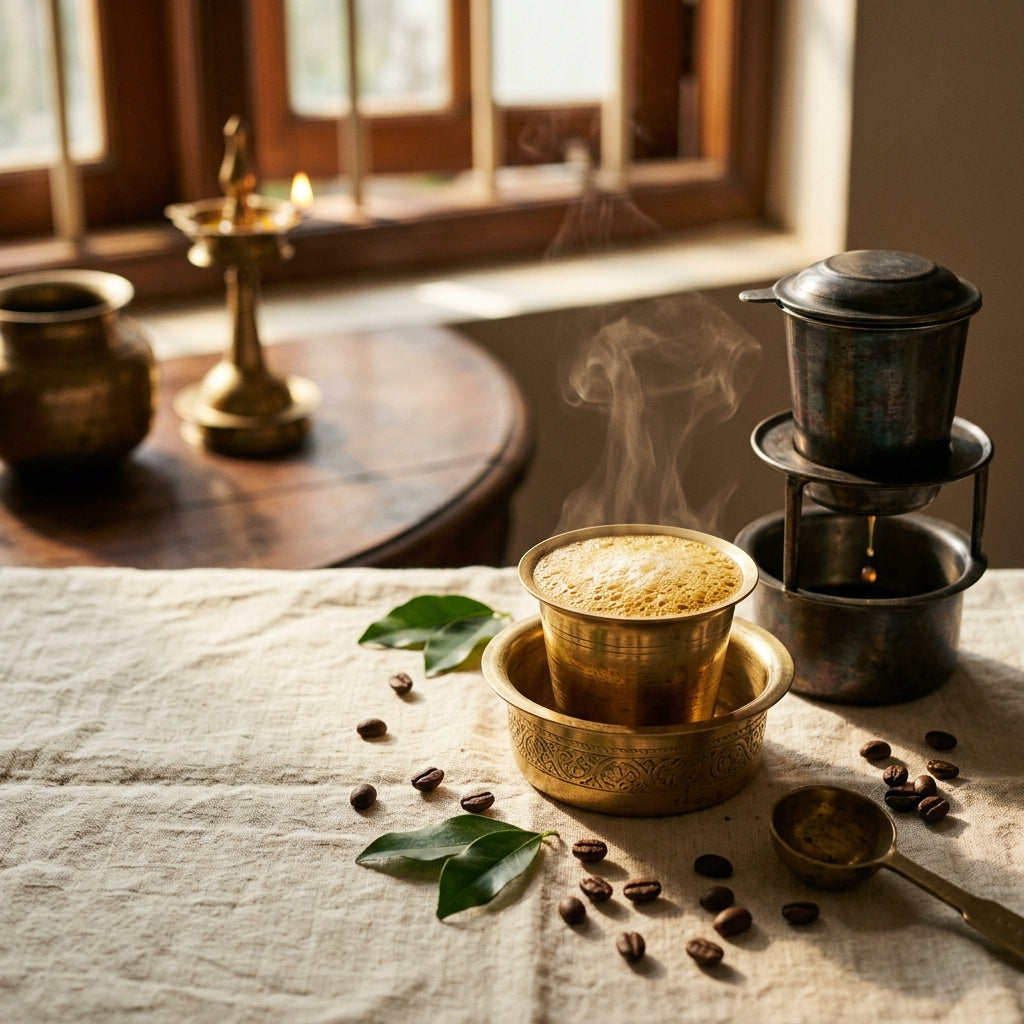 South Indian morning ritual coffee and newspaper