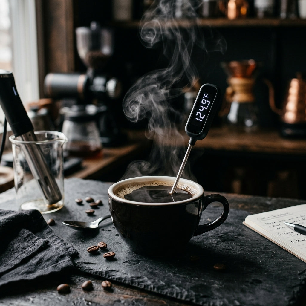 Hot cup of coffee with a thermometer showing 124.9