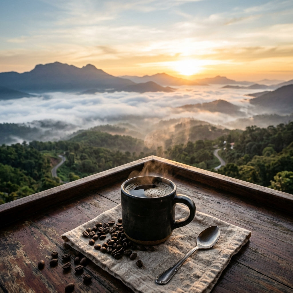 Coorg mountain sunrise coffee ritual scene